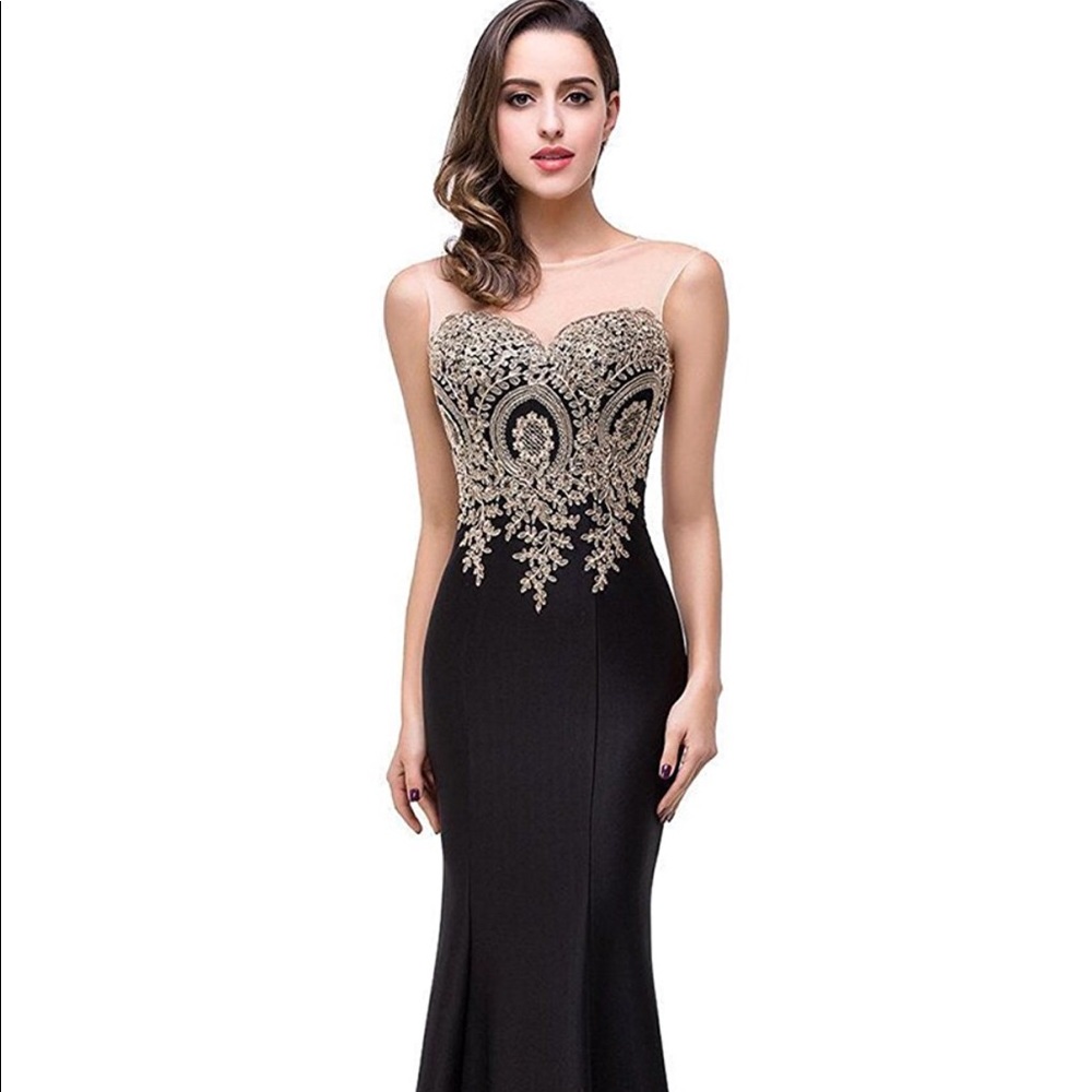 Black and Gold Long Mermaid Gown